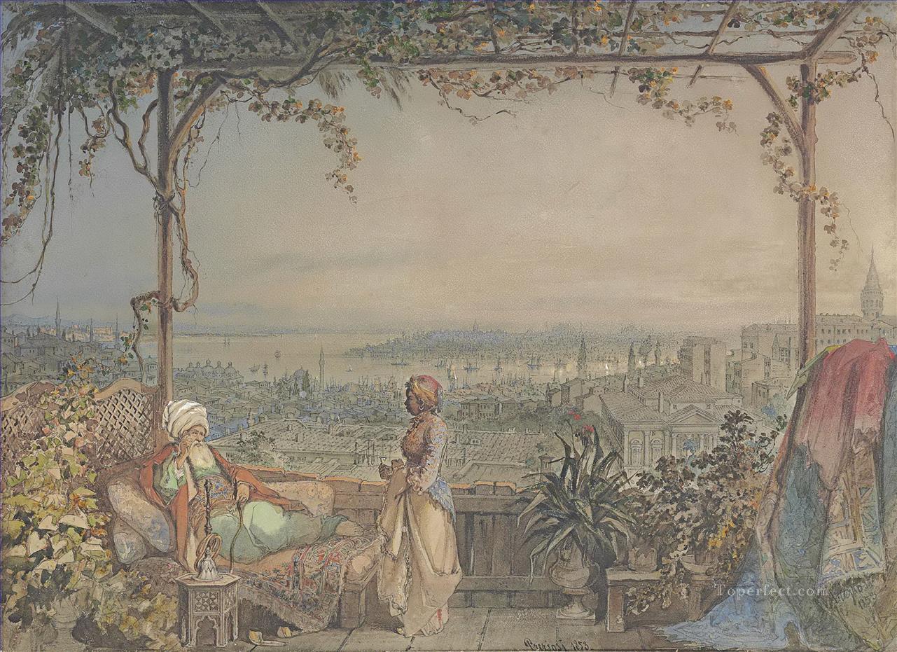 コンスタンティノープルを望むペラのバルコニーにいるパシャとメイド アマデオ・プレツィオージ 新古典主義 ロマン主義油絵